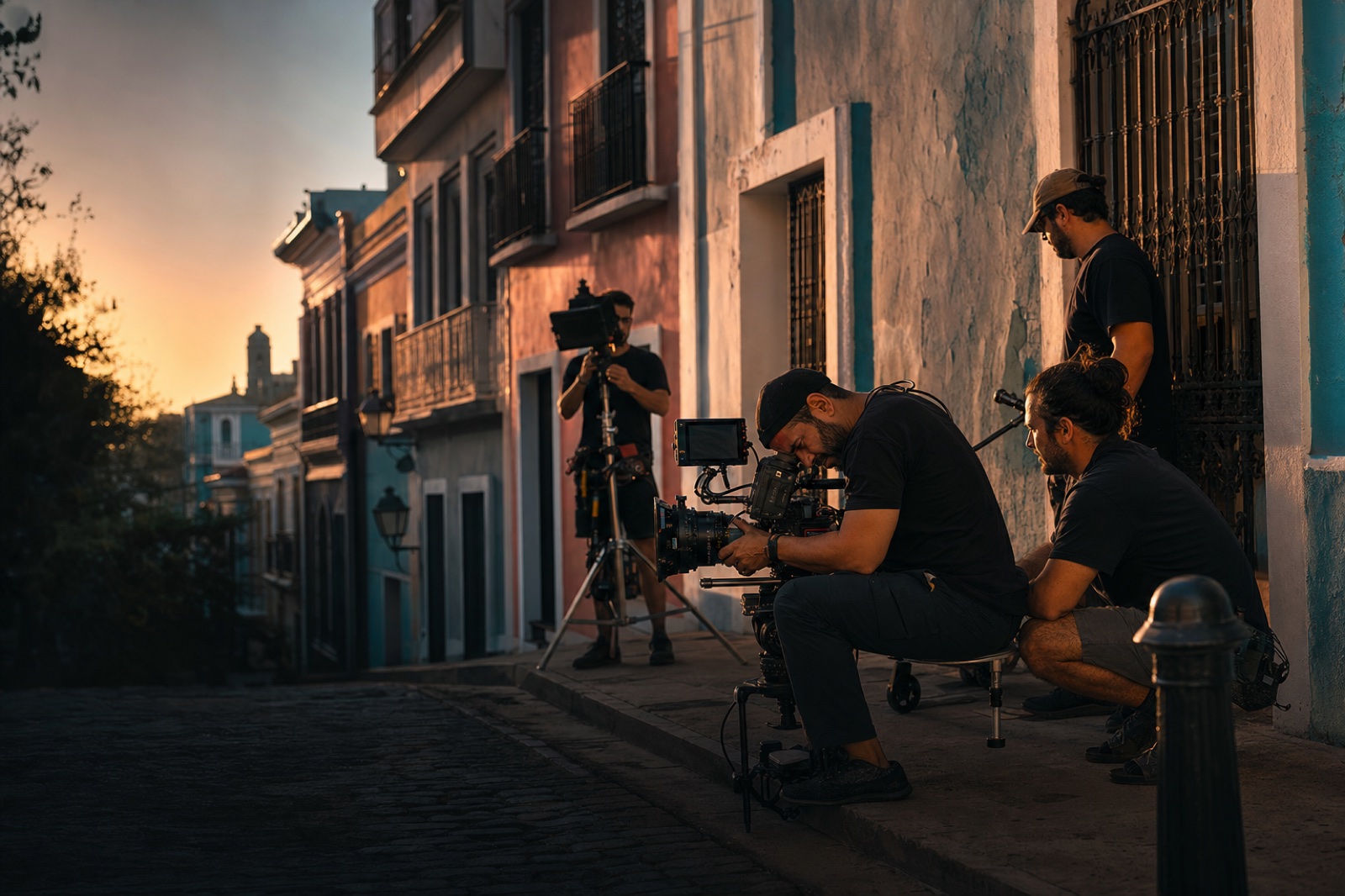 Fotograma cinematográfico de una producción en Puerto Rico con el equipo trabajando en una localización verificada